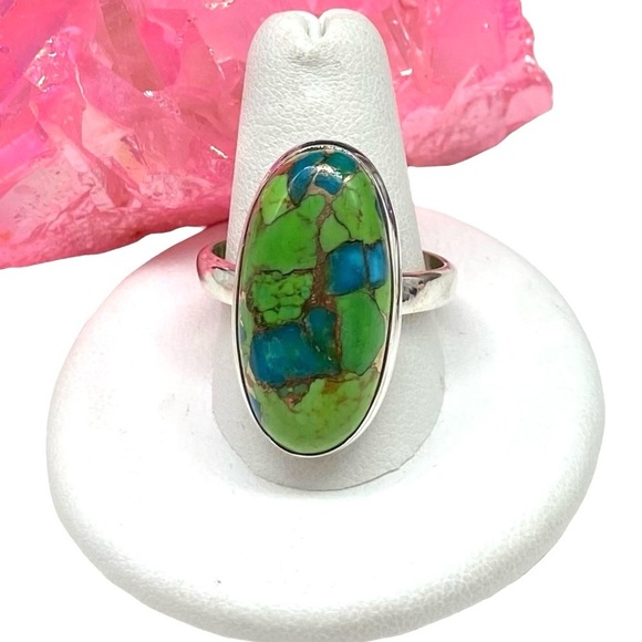 Hand Crafted Jewelry - Green & Blue Kingman Copper Turquoise Stone Ring Size 11.5 Sterling Silver 925